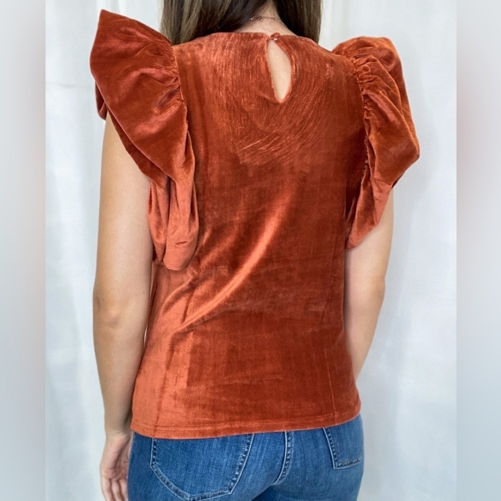 THML Ribbed Velvet Capped Flutter Sleeve Top In Rust Size Small - Picture 2 of 9